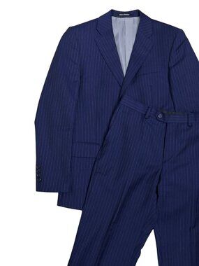 BELLISSIMO Pinstripe Blue Business Casual Formal Blazer & Dress Pants SUIT 38S